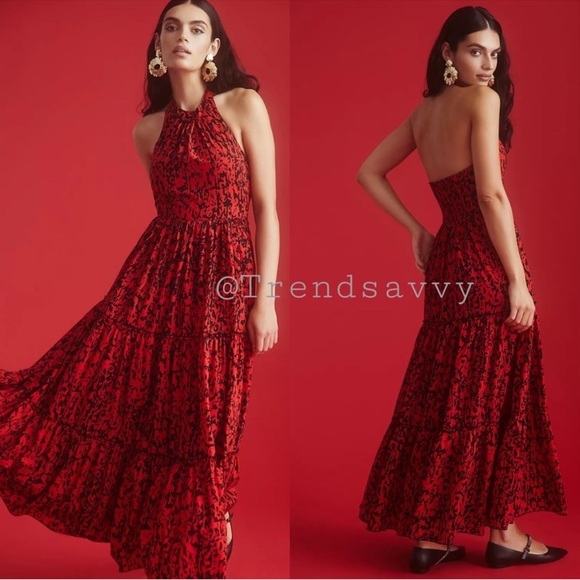 Anthropologie Payal Jain Red Halter Neck Tiered Maxi Dress Size 8 NWT Boho